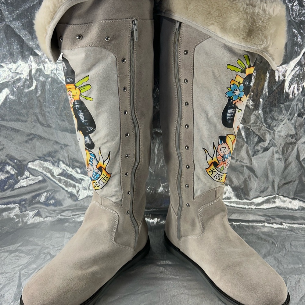 Women's Ed Hardy Knee High Boots Size  9 Fur Lined Geisha Don Ed Hardy ,NEW